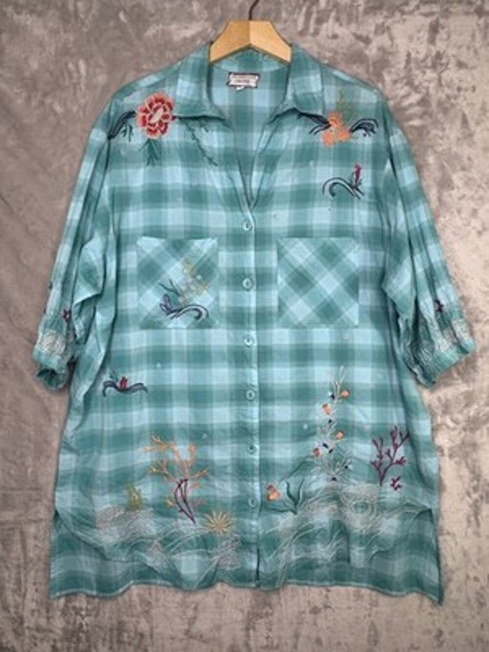 Johnny Was Workshop Shirt Womens XL Blue Plaid Embroidered Ocean Coral Tunic Top